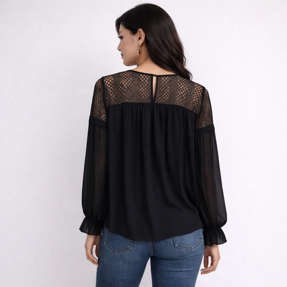 Parker Black Silk Lace Blouse M Sheer Yoke Boho Romantic Long Sleeve Top - Picture 6 of 7